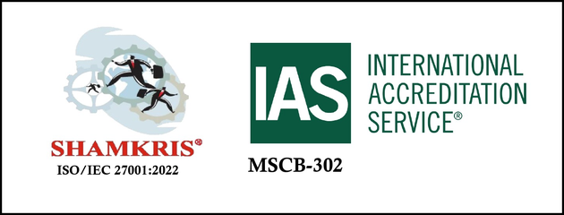 ISO/IEC 27001:2022 certification mark — EONF MEDIA S.L., certified by Shamkris Global Inspection Services Pvt Ltd, accredited by IAS (MSCB-302)